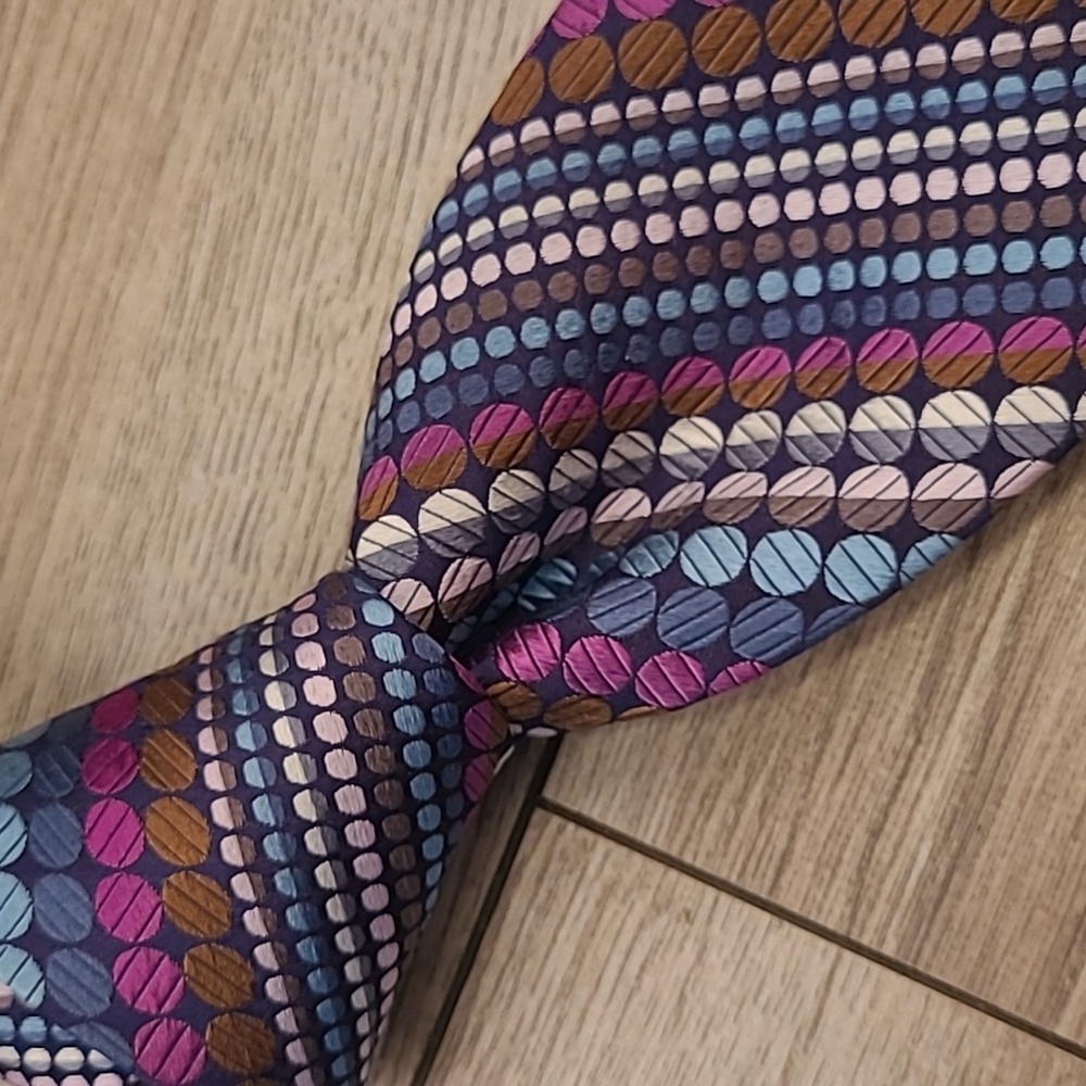 DUCHAMP‎ London Metallic Multicolor Dots Circles Striped Pattern Silk Tie RARE